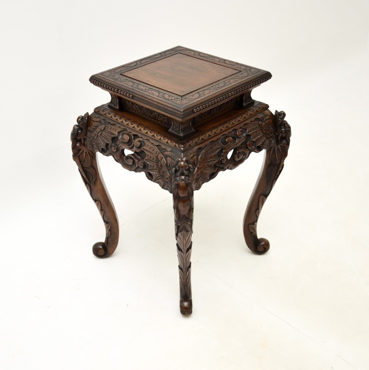 Antique Oriental Carved Wood Plant Stand / Side Table