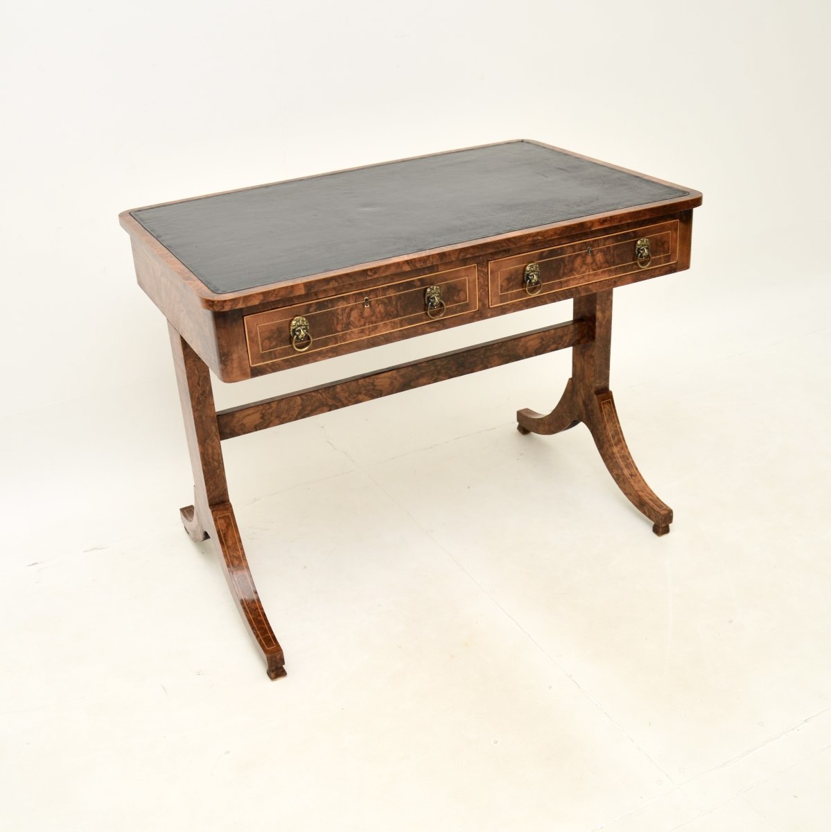 Antique Regency Period Burr Walnut Leather Top Desk / Writing Table